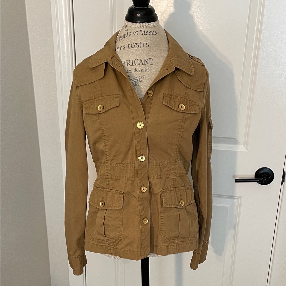 Women's Tan Jacket with Gold Buttons